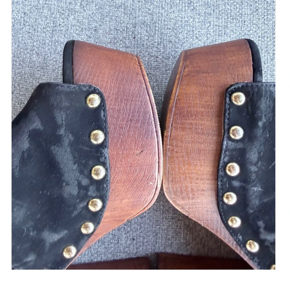Qupid Platform Mules Womens 7.5 Black Good Studded Wood Block Heel Sandals